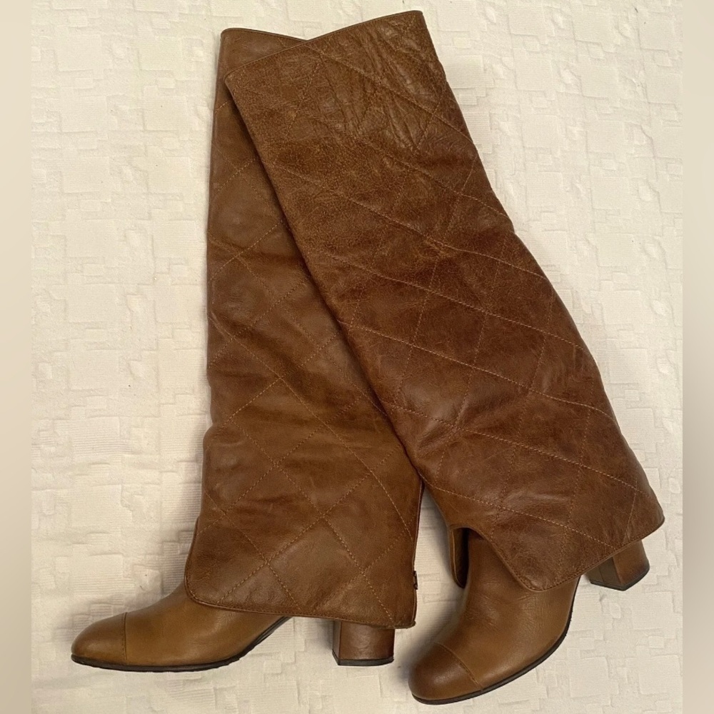 Chanel Calfskin Quilted CC High
Boots 37.5 Brown